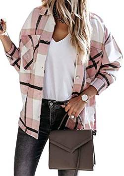 EFOFEI Damen Einfache Karierte Jacke Kariertes Hemd Blusenshirt Langarm Hemden kariert Mode Leichte Hemd Jacke Rosa XS von EFOFEI