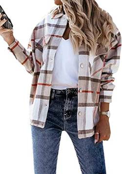 EFOFEI Damen Elegant Kariert Revers Outwear Loose Casual Tunika Karierte Hemdjacke Holzfällerjacke Button Down Shirt Hemd Bluse Khaki S von EFOFEI