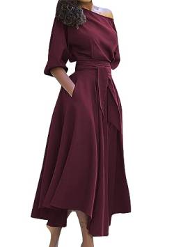 EFOFEI Damen Elegantes Off Shoulder Kurzarm Kleid Mit Gürtel und Seitenschlitz Party Swing Kleid Mit Taschen Weinrot L von EFOFEI