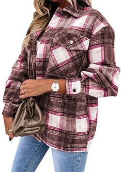 EFOFEI Damen Frühling Oversized Hemdbluse Kariertes Taschen Knöpfen hemd All-Match Plaidjacke Einfache karierte Jacke Rosa L von EFOFEI