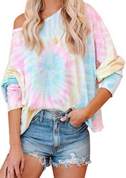 EFOFEI Damen Gradual Tie Dye Bedrucktes Langarm-Sweatshirt Lose Regenbogenpullover Lässige Tunika-Top-Bluse Rosa Gelb 2XL von EFOFEI