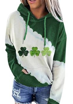 EFOFEI Damen Grünes Batik Sweatshirt Irland Shirt Bluse Top Grün Weißes Patchwork Sweatshirt Kleeblatt L von EFOFEI