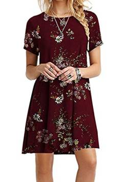 EFOFEI Damen Hemdkleid Bedrucktes Kleid Kurzarm Rundhals Kleid, XXL, Z-floral Burgunyd von EFOFEI