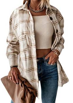 EFOFEI Damen Herbst Winter Shirt mit Knöpfe Bluse Karo Muster Overshirt mit Plaid Retro Karo Basic Jacke Elegant Kariert Revers Outwear Khaki 3XL von EFOFEI