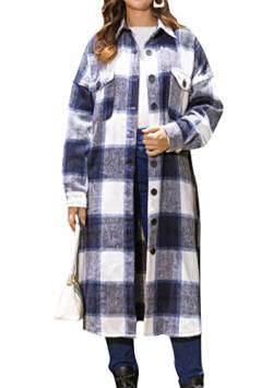 EFOFEI Damen Holzfäller Karierte Jacke Karierter Lang Mantel Lässige Karierte Wollmischung Mantel Jacke Shackets mit Taschen Navy Blau S von EFOFEI