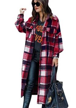 EFOFEI Damen Jacke Shackets mit Taschen Langarm Karierte Jacke Extralange Urban Style Hemdjacke Karierter Lang Mantel Rot L von EFOFEI