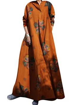 EFOFEI Damen Kaftan Baumwolle Leinen Boho Kleid Elegant Süß Süßes Niedliches Kleid Herbst Vintage Retro Kleid Mit Taschen Orange Blume 4XL von EFOFEI