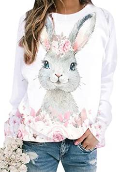 EFOFEI Damen Kaninchenmuster Sweatshirt Ostern Rundhalsausschnitt Sweatshirt Hase Grafik Loose Fit Pullover Blume 4XL von EFOFEI