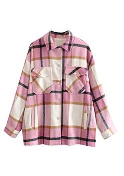 EFOFEI Damen Karo Muster Overshirt mit Plaid Retro Karo Basic Jacke Elegant Kariert Revers Outwear Button Down Shirt Hemd Bluse Rosa S von EFOFEI