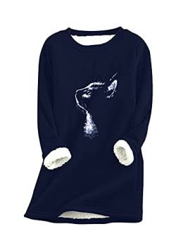 EFOFEI Damen Katzendruck Lässiger Dicker Winterpullover Winter Warme Sweatshirt Gefüttert Plus Fleeceoberteil Navy blau M von EFOFEI