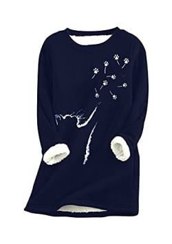 EFOFEI Damen Katzenpfote Lässiger Dicker Winterpullover Winter Warme Sweatshirt Gefüttert Plus Fleeceoberteil Navy blau M von EFOFEI