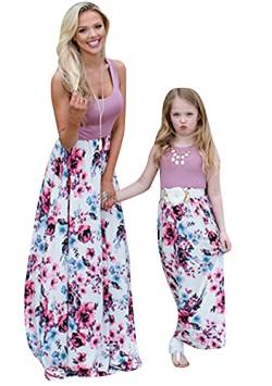 EFOFEI Damen Kinder Mädchen Floral Kleid Familiekleidung Partykleid Strandkleid Mädchen Langarm Boho Gestreiften Print Kleid Lila Blume XL von EFOFEI