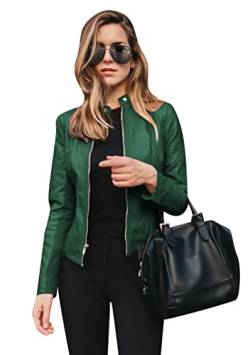 EFOFEI Damen Klassischer PU Kurzmantel Langarm Jacke Mit Stehkragen Pu-Lederjacke Mäntel Mit Schmalem Revers Grün M von EFOFEI