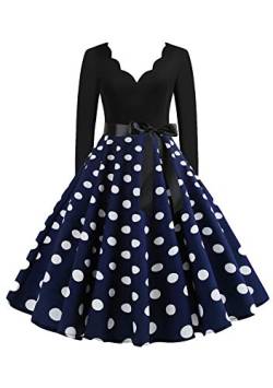 EFOFEI Damen Kleid 50er Jahre Kleider Dot Einfarbig Rockabilly Kleid Lange Ärmel Ballkleid Hepburn Cocktailkleid Blau L von EFOFEI