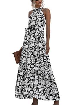 EFOFEI Damen Kleid Mit Fliege An Der Taille Gepunktes Langes Kleid Partykleid Cocktailkleid Strandkleid Freizeit Stilvolles Partykleid Blume Schwarz XXL von EFOFEI