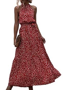 EFOFEI Damen Kleid Mit Hohem Halsausschnitt Party Boho Böhmisches Kleid Langes Sonnenkleid Mit Gürtel Boho Floral Fließendes Kleid Punkt Rot L von EFOFEI