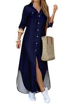 EFOFEI Damen Kleid Mit Umlegekragen Modisches Kleid Mit Stehkragen Kleid Mit Aufgerollten Ärmeln Navy Blau M von EFOFEI