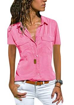 EFOFEI Damen Kurzarm Casual Front Button Shirt Relaxed Fit Bluse Rosa M von EFOFEI