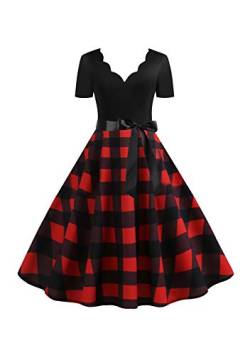 EFOFEI Damen Kurzarm Vintage Retro Cocktailkleid Hepburn Stil Cocktailkleider Vintage Retro Rockabilly Kleider rot XXL von EFOFEI