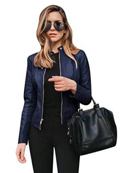 EFOFEI Damen Kurze Winddichte Lederjacke Jacke Mit Reißverschlusstaschen Moto Biker Slim Fit Jacke Klassischer PU Kurzmantel Dunkelblau M von EFOFEI