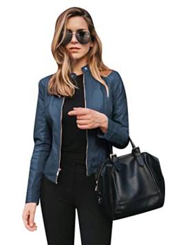 EFOFEI Damen Lässiger Frühlings Und Herbstmantel Klassischer PU Kurzmantel Gesteppte Moto Outwear Kurze Winddichte Lederjacke Denim Blue XL von EFOFEI