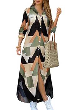 EFOFEI Damen Lässiges Hemdkleid Langes Streifen Hemdkleid Kleid mit Reverskragen und Kettendruck Jeanskleid mit aufrollbaren Ärmeln Dreieck 3XL von EFOFEI