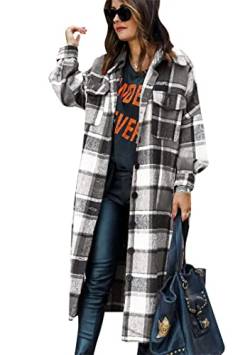 EFOFEI Damen Lang Knöpfen Holzfällerhemd Plaid Bluse Freizeithemd Knöpfen Oversize Holzfäller Jacke Jacke Shackets mit Taschen Schwarz XL von EFOFEI