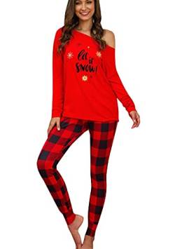 EFOFEI Damen Lang Winter Pyjama Set Zweiteiliger Sleepwear Langarm Nachtwäsche Lang Hausanzug Mit Karierte Hose Für Frauen Rot XL von EFOFEI