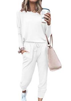 EFOFEI Damen Langarm Oberteil Jogginganzug Basic Zweiteiliger Schlafanzug Baumwolle Lang Pyjama Set Weiß XXL von EFOFEI