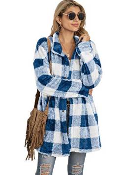 EFOFEI Damen Langarm Oversize Bluse Übergroßen Plaid Tartan Shirt Leichtes Hemd Mit Taschen Casual Flannel Tunika Blau+Weiß M von EFOFEI