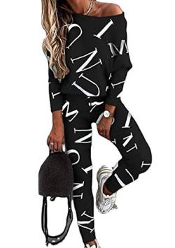 EFOFEI Damen Langarm Pullover Und Kordelzughose Pyjama Set Schlafanzug Langarm Casual Sportanzug mit Briefdruck Hausanzug Schlafanzug Schwarz M von EFOFEI