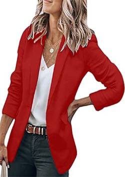 EFOFEI Damen Langarm Revers Jacke V-Ausschnitt Blazer mit Tasche Formelle Anzugjacke Büro Arbeit Blazer Jacke Rot 3XL von EFOFEI
