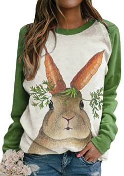 EFOFEI Damen Langarm Rundhalsausschnitt Top Sweatshirt Niedliches Kaninchen T-Shirt Tops Ostern Rundhalsausschnitt Sweatshirt Grün Karotte XL von EFOFEI