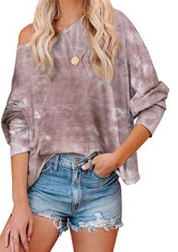 EFOFEI Damen Langarm T-Shirt Tie Dye Tops Lässig Lose Farbe Block T-Shirt Pullover Dunkelrot L von EFOFEI