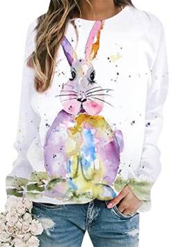 EFOFEI Damen Loose Fit Bunny Graphic Top Ostern Cute Rabbit Print T Shirt Bunny Printed Long Sleeve Pullover Tie Dye M von EFOFEI