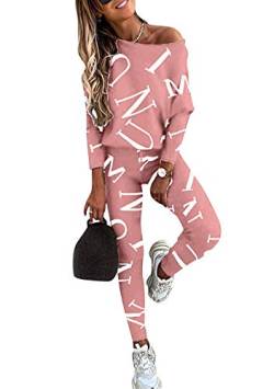 EFOFEI Damen Loose Fit Jogginganzug Sportbekleidung Freizeitbekleidung Set Lang Nachtwäsche Hausanzug Langarm Pullover Und Kordelzughose Rosa XL von EFOFEI