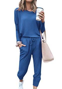 EFOFEI Damen Lose Freizeitanzug Lang Elegant Pyjama Weich Set Schlanke Passform an den Armen eines Langarmanzugs Blau L von EFOFEI