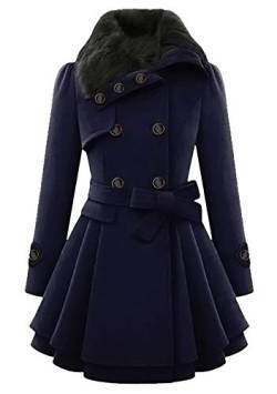 EFOFEI Damen Mantel Langemantel Regular Fit Normale Form Zweireiher Tweed Mantel Übergrößen Warme Pelzkragen Winter Jacken mit Gürtel Blau L von EFOFEI