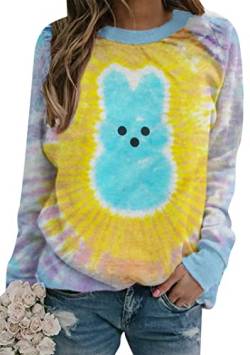 EFOFEI Damen Ostern Cute Rabbit Print T Shirt Ostern Rundhalsausschnitt Sweatshirt Loose Fit Bunny Graphic Top Tie Dye Blau S von EFOFEI