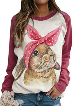 EFOFEI Damen Ostern Niedliches Kaninchen Print T Shirt Ostern Übergroßer Bedruckter Pullover Lässig Langarm Pullover Rosa Rot XL von EFOFEI