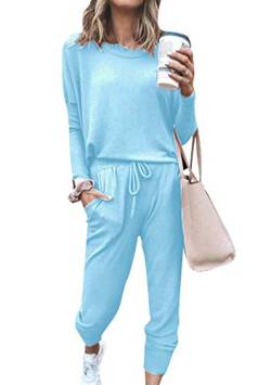 EFOFEI Damen Outfit Stretch Skinny Hose Freizeitanzug in reiner Farbe Basic Zweiteiliger Schlafanzug Lang Blau XL von EFOFEI