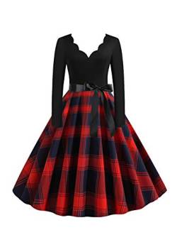 EFOFEI Damen Petticoat Lange Ärmel Ballkleid Vintage Kleid Retro Langarm Cocktailkleid mit Gürtel rot XXL von EFOFEI