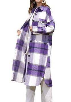 EFOFEI Damen Plaid Bluse Freizeithemd Knöpfen Oversize Holzfäller Jacke Retro Karo Basic Jacke Oversized Karo Hemdbluse Violett L von EFOFEI