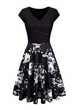 EFOFEI Damen Printed Dress Freizeitkleid mit V-Ausschnitt, M, Z-blumen Schwarz von EFOFEI