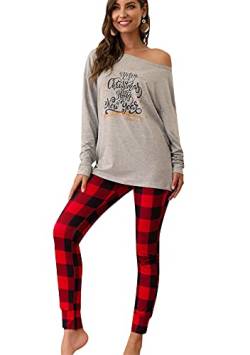 EFOFEI Damen Pyjama Set Plaid Schlafanzug Langarm Kariertes Pyjama Set Nachtwäsche Weich Damen Lounge Sets Grau M von EFOFEI