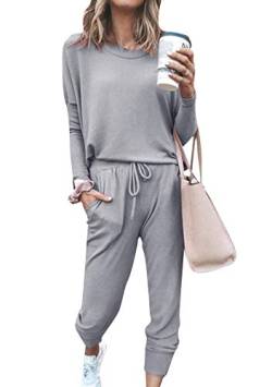 EFOFEI Damen Pyjama-Set Rundhals Sleepshirt Schlanke Passform an den Armen eines Langarmanzugs Grau XXL von EFOFEI