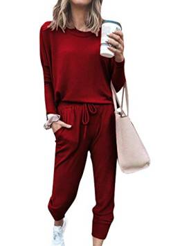 EFOFEI Damen Pyjama-Set aus Baumwolle Jogginganzug Zweiteiler Set Freizeitanzug in reiner Farbe Rot M von EFOFEI