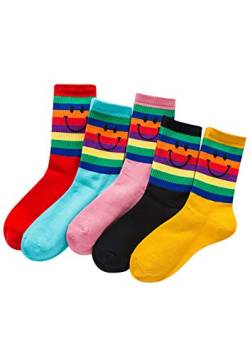 EFOFEI Damen Rainbow Printed Lange Socke Lustige Socken Crew Cotton Casual Socke Smile 5 Paar von EFOFEI