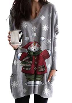 EFOFEI Damen Rentier Pullover Kleid Weihnachten Urlaub Sweatshirts Damen Langarm Sweatshirt Fledermaus Pullover, Schneemann, Grau, 46 von EFOFEI