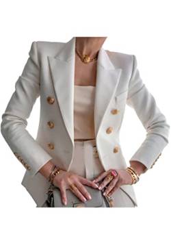 EFOFEI Damen Revers Offene Front Strickjacke Gold Knopf Jacke Anzug Tägliches Leben Leichter Blazer Weiß XS von EFOFEI